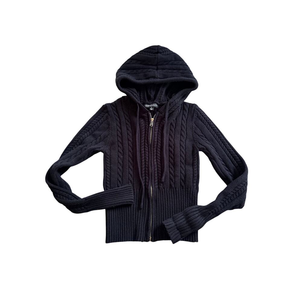 Harper & Ivy Black Cable Knit Zip-Up Hoodie Medium - Picture 2 of 6